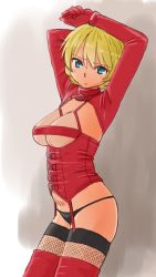 Rule 34 | 10s, 1girl, arm behind head, arms up, black panties, blonde hair, blue eyes, bondage outfit, boots, braid, bustier, cleavage cutout, clothing cutout, commentary, cowboy shot, darjeeling (girls und panzer), fishnet thighhighs, fishnets, from side, garter straps, girls und panzer, gloves, head tilt, lace, lace-trimmed legwear, lace trim, light frown, lingerie, long sleeves, looking at viewer, panties, parted lips, red footwear, red gloves, short hair, solo, standing, thigh boots, thighhighs, twin braids, underwear, underwear only, uona telepin