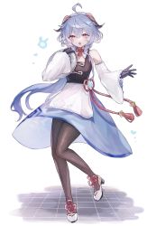 Rule 34 | absurdres, ahoge, alternate costume, apron, bare shoulders, black gloves, black pantyhose, blue hair, chinese knot, curled horns, detached sleeves, flower knot, full body, ganyu (genshin impact), genshin impact, gloves, high heels, highres, holding, holding tray, horns, looking at viewer, myunn aa, open mouth, pantyhose, purple eyes, seelie (genshin impact), sidelocks, skirt, solo, tassel, tray, vision (genshin impact), white sleeves