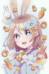 1girl brown_hair carrot chibi from_side highres love_live! love_live!_sunshine!! orange_hair rabbit rabbit_ears rabbit_girl short_hair simple_background smile solo takami_chika watanabe_you