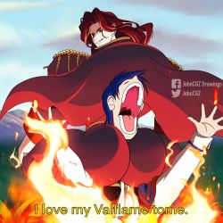 Rule 34 | 2boys, arvis (fire emblem), ass, blue hair, blue sky, broly culo (meme), cape, cloud, day, english text, epaulettes, fire emblem, fire emblem: genealogy of the holy war, from behind, grin, highres, jacket, johncgz, long hair, long sleeves, looking at viewer, looking back, male focus, meme, multiple boys, nintendo, outdoors, red cape, red eyes, red hair, sigurd (fire emblem), sky, smile, upper body, white jacket