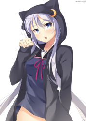 Rule 34 | 10s, 1girl, bad id, bad pixiv id, blue eyes, crescent, hood, jacket, kankitsunabe (citrus), kantai collection, long hair, looking at viewer, open mouth, purple hair, red ribbon, ribbon, school uniform, serafuku, simple background, solo, twitter username, white background, yayoi (kancolle)