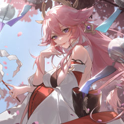 Rule 34 | 1girl, animal ears, breasts, cherry blossoms, cherry tree, commentary request, crossed bangs, day, detached sleeves, earrings, finger to mouth, floppy ears, fox ears, genshin impact, gohei, hair between eyes, hair ornament, highres, index finger raised, japanese clothes, jewelry, long hair, looking at viewer, low-tied long hair, mujizi, nontraditional miko, obiage, outdoors, pink fur, pink hair, purple eyes, ribbon-trimmed sleeves, ribbon trim, shirt, shoulder blades, sideboob, sleeveless, sleeveless shirt, solo, tree, turtleneck, upper body, white shirt, wide sleeves, yae miko