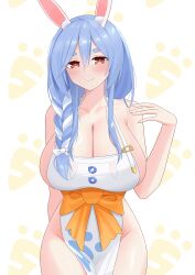 Rule 34 | 1girl, absurdres, animal ear fluff, animal ears, apron, bare shoulders, blue hair, blush, braid, braided ponytail, breasts, cleavage, collarbone, hair over shoulder, highres, hololive, large breasts, light blue hair, liu han, long hair, looking at viewer, mature female, naked apron, pekomama, rabbit ears, rabbit girl, red eyes, short eyebrows, sideboob, smile, solo, thick eyebrows, thighs, virtual youtuber, white apron, white hair
