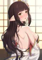 Rule 34 | 1girl, back, backless outfit, bare shoulders, black hair, blurry, blurry background, blush, breasts, brown eyes, commentary request, depth of field, from behind, hair ornament, highres, japanese clothes, kimono, long hair, looking at viewer, looking back, medium breasts, minoto, monster hunter (series), monster hunter rise, nose blush, pointy ears, sideboob, solo, sweat, tongue, tongue out, uneg, very long hair, white kimono, wide sleeves