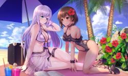Rule 34 | 2girls, alexandra (suzuame yatsumi), all fours, arm support, bare shoulders, beach, bikini, black one-piece swimsuit, blue eyes, blush, breasts, brown hair, choker, commission, commissioner upload, dark-skinned female, dark skin, day, emanon123, flower, frilled swimsuit, frills, hair flower, hair ornament, hand on own cheek, hand on own face, hibiscus, purple bikini, long hair, looking at another, multiple girls, navel, one-piece swimsuit, original, outdoors, purple bikini, purple hair, red eyes, sandals, sarong, see-through, shalifa (suzuame yatsumi), short hair, sidelocks, stomach, swimsuit, thigh strap, thighs