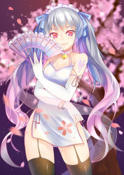 Rule 34 | 1girl, absurdres, bell, black thighhighs, blue hair, blue ribbon, bracelet, cherry blossoms, china dress, chinese clothes, collar, dress, elbow gloves, floating hair, floral print, garter straps, gloves, hair between eyes, hair ribbon, hand fan, highres, holding, holding fan, jewelry, long hair, looking at viewer, maid headdress, mikuni romance, multicolored hair, neck bell, pink hair, red eyes, ribbon, sangoku romance, shiny clothes, sleeveless, sleeveless dress, smile, solo, standing, thighhighs, transparent, twintails, two-tone hair, very long hair, white dress, white gloves