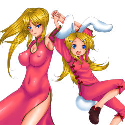 Rule 34 | 2girls, animal ears, bare shoulders, blonde hair, blue eyes, breasts, rabbit ears, china dress, chinese clothes, cleavage, dress, large breasts, multiple girls, rokuichi, side slit, small breasts, smile, tight clothes