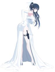 Rule 34 | 1girl, absurdres, arms behind back, bare shoulders, black hair, blue archive, blue hair, breasts, dress, elf, floating hair, from behind, full body, garter straps, gloves, halo, high heels, high ponytail, highres, knife sheath, kuyoumi, large breasts, long hair, looking at viewer, looking back, multicolored hair, official alternate costume, pointy ears, ponytail, saori (blue archive), saori (dress) (blue archive), sheath, simple background, thighhighs, two-tone hair, white background, white dress, white footwear, white gloves, white thighhighs