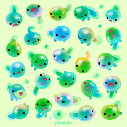 Rule 34 | animal, animal focus, artist name, black eyes, closed eyes, closed mouth, commentary, english commentary, frog egg, green background, heart, no humans, one eye closed, open mouth, original, pikaole, simple background, smile, solid circle eyes, tadpole, watermark