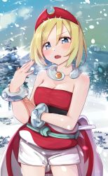 Rule 34 | 1girl, absurdres, blonde hair, blue eyes, blush, bracelet, breasts, breath, cleavage, cloud, collar, collarbone, commentary request, creatures (company), day, eyelashes, game freak, hairband, hand up, highres, irida (pokemon), jewelry, looking at viewer, neck ring, nintendo, nyako (utaneko31), open mouth, outdoors, pokemon, pokemon legends: arceus, red hairband, red shirt, sash, shirt, short hair, shorts, sky, snow, snowing, solo, strapless, strapless shirt, teeth, tongue, tree, upper teeth only, white shorts