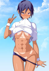 Rule 34 | 1girl, abs, blush, breasts, clothes in mouth, clothes lift, clothes pull, dark-skinned female, dark skin, highres, looking at viewer, mouth hold, muscular, muscular female, nakamura yukitoshi, navel, nipples, purple eyes, purple hair, shirt, shirt in mouth, shirt lift, short hair, shorts, shorts pull, solo, tan, tanline