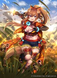 Rule 34 | 1girl, animal ears, bird, bow, bracelet, breasts, brown hair, cleavage, company name, day, dog ears, dog tail, grass, gyakushuu no fantasica, jewelry, katagiri hachigou, katana, large breasts, long hair, midriff, miniskirt, navel, official art, open mouth, ponytail, purple eyes, skirt, sky, solo, sword, tail, teeth, thighhighs, weapon