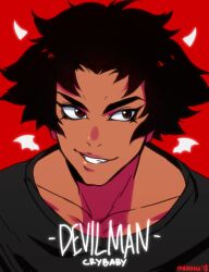Rule 34 | black hair, black skirt, devilman, devilman crybaby, fudou akira, male focus, red background, skirt, smile