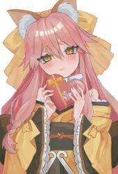 Rule 34 | 1girl, animal ear fluff, animal ears, arms up, blush, box, braid, double-parted bangs, fate/samurai remnant, fate (series), fox ears, gift, hair between eyes, heart-shaped box, highres, holding, holding gift, japanese clothes, kimono, long hair, long sleeves, looking at viewer, niwano no19, obi, off shoulder, sash, short eyebrows, solo, tamamo (fate), tamamo aria (fate), upper body, white background, wide sleeves, yellow eyes, yellow kimono