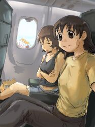 Rule 34 | 3girls, above clouds, absurdres, aircraft, airplane, airplane interior, azumanga daiou, cloud, commentary, drooling, english commentary, from inside, highres, indoors, interior, kagura (azumanga daioh), liamickpie, looking at viewer, mihama chiyo, multiple girls, saliva, sitting, sweatdrop, takino tomo, vehicle interior