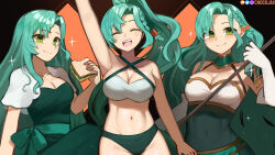 Rule 34 | 1girl, alternate hairstyle, bikini, black bikini bottom, braid, breasts, chloe (fire emblem), chocojax, cleavage, eating, fire emblem, fire emblem engage, food, green eyes, green hair, halterneck, highres, holding, holding polearm, holding weapon, large breasts, long hair, looking at viewer, navel, nintendo, official alternate costume, open mouth, parted hair, polearm, sandwich, single braid, smile, solo, sparkle, swimsuit, teeth, upper teeth only, weapon, white bikini
