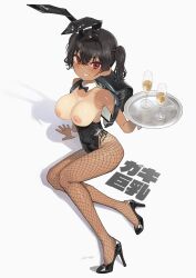 Rule 34 | 1girl, alcohol, animal costume, animal ears, backpack, bag, black bow, black bowtie, black hair, bow, bowtie, breasts, breasts out, champagne, cleavage, clenched teeth, cup, detached collar, detached sleeves, drinking glass, fake animal ears, fishnet pantyhose, fishnets, full body, gaki kyonyuu, hair between eyes, high heels, highres, kaedeko (kaedelic), large breasts, leotard, looking at viewer, nude filter, one-piece tan, oppai loli, pantyhose, playboy bunny, rabbit ears, randoseru, red eyes, sasaki kanna (kaedeko), shoes, signature, tan, tanline, teeth, text background, third-party edit, twintails, wrist cuffs