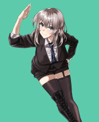 Rule 34 | 1girl, black footwear, black jacket, black necktie, black shorts, black thighhighs, blue background, boots, closed mouth, commentary, feet out of frame, garter straps, girls band cry, grey eyes, grey hair, hand up, highres, jacket, kawaragi momoka, long hair, looking at viewer, multicolored hair, necktie, roots (hair), shirt, shorts, simple background, single thigh boot, smile, solo, thigh boots, thighhighs, walking nakta, white shirt