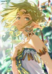 Rule 34 | 1girl, absurdres, bare shoulders, blonde hair, breasts, character request, crystal earrings, dress, earrings, ears down, elf, floating hair, green eyes, hand up, highres, jewelry, leaf, light particles, looking to the side, nintendo, parted lips, plant, pointy ears, small breasts, solo, sunlight, the legend of zelda, the legend of zelda: ocarina of time, tiara, upper body, white dress, zhoujinyu1234