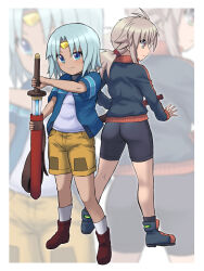 Rule 34 | antenna hair, ass, bike shorts, black footwear, black jacket, black shorts, black socks, blue eyes, blue hair, blue jacket, brown hair, brown shorts, closed mouth, commentary request, commission, forehead jewel, highres, holding, holding sword, holding weapon, jacket, katana, koshirae tsurugi (m.m), long sleeves, low ponytail, m.m, open clothes, open jacket, original, parted bangs, ponytail, profile, red footwear, sheath, sheathed, shirt, shoes, short sleeves, shorts, skeb commission, sleeves past wrists, smile, socks, standing, sword, track jacket, weapon, white shirt, white socks, zoom layer