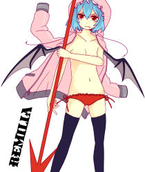 Rule 34 | 1girl, bat wings, blue hair, character name, fang, female focus, highres, hood, hooded jacket, jacket, lace, lace-trimmed panties, lace trim, no bra, nyamomi, open clothes, open robe, panties, polearm, red eyes, red panties, remilia scarlet, robe, side-tie panties, solo, spear, spear the gungnir, thighhighs, touhou, underwear, weapon, wings