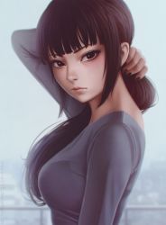 Rule 34 | 10s, 1girl, artist name, black eyes, blouse, breasts, brown hair, brown nails, chromatic aberration, closed mouth, deviantart username, expressionless, fingernails, from side, grey shirt, highres, lips, long hair, long sleeves, looking at viewer, medium breasts, miura-n315, nail polish, nose, ponytail, realistic, shao jinrii, shirt, solo, tokyo ghoul, tokyo ghoul:re, tsurime, upper body, watermark, web address