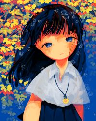 Rule 34 | 1girl, abstract, absurdres, black hair, black skirt, blue background, blue eyes, collared shirt, flower, glowing, half-closed eyes, highres, jewelry, leaf, long hair, looking at viewer, necklace, no nose, original, pleated skirt, shirt, sizucomaru, skirt, solo, white shirt, yellow flower