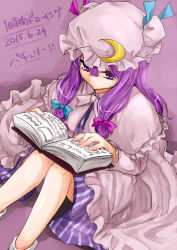Rule 34 | 1girl, book, capelet, crescent, crescent hair ornament, dated, dress, gradient background, hair between eyes, hair ornament, hair ribbon, hat, long hair, low-tied long hair, mob cap, monrooru, open book, patchouli knowledge, purple eyes, purple hair, reading, ribbon, sitting, solo, touhou, tress ribbon