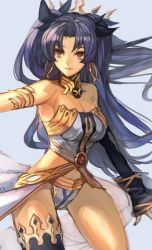 Rule 34 | 1girl, bare shoulders, black hair, blue background, breasts, cleavage, closed mouth, earrings, eyebrows, fate/grand order, fate (series), hair ribbon, hoop earrings, hungry clicker, ishtar (fate), jewelry, large breasts, long hair, navel, red eyes, ribbon, simple background, smile, solo, thighs, tohsaka rin, twintails