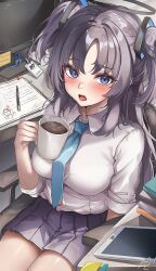 Rule 34 | 1girl, armchair, doodle sensei (blue archive), black skirt, blue archive, blue eyes, blue necktie, breasts, button gap, chair, coffee mug, collared shirt, cup, halo, highres, holding, holding cup, id card, indoors, konata (knt banri), large breasts, legs together, long hair, looking at viewer, monitor, mug, necktie, open mouth, paper, pen, pleated skirt, purple hair, sensei (blue archive), shirt, shirt tucked in, signature, sitting, skirt, sleeves rolled up, solo, tablet pc, teeth, two side up, upper teeth only, white shirt, yuuka (blue archive)