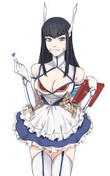 Rule 34 | 1girl, absurdres, adapted costume, apron, black hair, blue eyes, breasts, cleavage, cleavage cutout, clothing cutout, finger heart, hair ornament, heart, highres, junketsu, kill la kill, kiryuuin satsuki, large breasts, long hair, looking at viewer, solo, thick eyebrows, thighhighs, urustam, waist apron, waitress, white thighhighs, zettai ryouiki