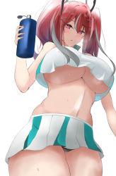 Rule 34 | 1girl, absurdres, azur lane, bottle, breasts, bremerton (azur lane), bremerton (scorching-hot training) (azur lane), commentary, commentary request, covered erect nipples, cowboy shot, crop top, crop top overhang, from below, green hair, hair ornament, heart, heart necklace, highres, jewelry, large breasts, long hair, looking at viewer, looking down, mole, mole under eye, multicolored hair, navel, necklace, negi seijin, open mouth, pink hair, pleated skirt, sidelocks, skirt, solo, sportswear, standing, streaked hair, sweat, tennis uniform, thighs, two-tone skirt, underboob, water bottle, x hair ornament