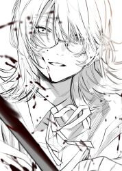 1girl blood blood_on_face commentary_request glasses greyscale gunjyou_(gunjyou_00) hair_between_eyes highres looking_at_viewer medium_hair monochrome neck_ribbon open_mouth original ribbon simple_background solo upper_body