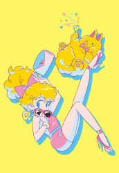 Rule 34 | 1girl, animal, blonde hair, blue eyes, bow, bowtie, bracelet, breasts, dog, dress, earrings, envelope, f kaori, floating, galaxxxy, hair bow, heart, high heels, holding, jewelry, letter, long hair, looking at viewer, love letter, one eye closed, party popper, pink bow, pink bowtie, pink dress, pink footwear, ponytail, red nails, shoes, sleeveless, sleeveless dress, small breasts, smile, sunglasses, sunglasses removed, tongue, tongue out, yellow background