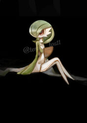 Rule 34 | 1girl, arms at sides, artist name, black background, bob cut, colored skin, creatures (company), crossed legs, female focus, flat chest, full body, game freak, gardevoir, gen 3 pokemon, green hair, green skin, hair over one eye, highres, legs, legs together, looking to the side, multicolored skin, neverland+, nintendo, one eye covered, pokemon, pokemon (creature), red eyes, short hair, simple background, sitting, solo, thighs, twitter username, two-tone skin, watermark, white skin