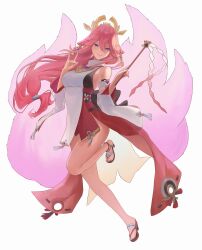Rule 34 | 1girl, absurdres, animal ears, armpit crease, artistic error, bare legs, breasts, clenched teeth, detached sleeves, earrings, floating hair, floppy ears, fox ears, fox shadow puppet, fox tail, genshin impact, gohei, hair between eyes, hair ornament, hands up, high heels, highres, holding, holding gohei, japanese clothes, jewelry, knee up, large breasts, leg up, long bangs, long hair, looking at viewer, low-tied long hair, nail polish, nontraditional miko, okobo, open mouth, pink hair, pink nails, purple eyes, ricin, sandals, sideboob, sidelocks, simple background, smile, solo, tachi-e, tail, teeth, turtleneck, vision (genshin impact), white background, wide sleeves, yae miko