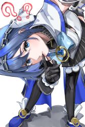 Rule 34 | 1girl, ?, black gloves, black thighhighs, blue bow, blue cape, blue eyes, blue footwear, blue hair, blue ribbon, bow, breasts, cape, chain, chain headband, clothing cutout, collar, detached sleeves, gloves, hair between eyes, hair intakes, hand on own ass, heart, highres, hololive, hololive english, jewelry, juliet sleeves, large breasts, leaning forward, long sleeves, looking at viewer, micro shorts, miniskirt, ouro kronii, ouro kronii (1st costume), puffy sleeves, punapple, ribbon, shirt, short hair, shorts, signature, skirt, sleeveless, sleeveless shirt, sleeveless turtleneck, solo, thighhighs, turtleneck, underboob, underboob cutout, veil, virtual youtuber, yellow footwear