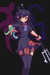 Rule 34 | 1girl, ahoge, asymmetrical wings, black background, black dress, black hair, blue wings, bow, bowtie, breasts, buttons, center frills, closed mouth, commentary, dress, feet out of frame, frilled dress, frills, garter straps, holding, holding polearm, holding weapon, houjuu nue, looking at viewer, medium hair, pixel art, pointy ears, polearm, potemki11, purple wings, red bow, red bowtie, red eyes, short dress, short sleeves, simple background, small breasts, smile, snake, solo, thighhighs, tomoe (symbol), touhou, trident, weapon, wings, wristband