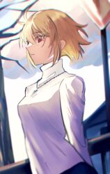 Rule 34 | 1girl, antenna hair, arcueid brunestud, arms behind back, black skirt, blonde hair, closed mouth, cloud, commentary, floating hair, hair between eyes, jewelry, long sleeves, necklace, outdoors, red eyes, short hair, skirt, solo, sweater, tsukihime, tsukihime (remake), turtleneck, turtleneck sweater, white sweater, yuzu (pixiv 54192275)