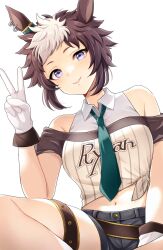 Rule 34 | 1girl, absurdres, animal ears, bare shoulders, belt, black shorts, breasts, brown hair, clothes writing, collared shirt, ear piercing, feet out of frame, gloves, green necktie, hand up, highres, horse ears, indian style, looking at viewer, medium breasts, mejiro ryan (umamusume), midriff, multicolored hair, navel, necktie, off-shoulder shirt, off shoulder, parted lips, piercing, popon ta, purple eyes, shirt, short hair, short shorts, shorts, simple background, sitting, solo, thigh strap, tied shirt, two-tone hair, umamusume, v, white background, white gloves, white hair