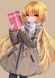 Rule 34 | alternate costume, blonde hair, box, box of chocolates, crescent, crescent pin, highres, jacket, kantai collection, logiclr, long hair, satsuki (kancolle), scarf, simple background, solo, twintails, valentine, white scarf, yellow eyes