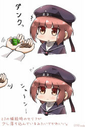 Rule 34 | 10s, 1boy, 1girl, :3, admiral (kancolle), ammunition, barrel, blush, brown hair, clothes writing, dress, drum (container), flying sweatdrops, hat, holding, kantai collection, sailor dress, sailor hat, short hair, simple background, smile, tanaka kusao, translation request, twitter username, white background, z3 max schultz (kancolle)