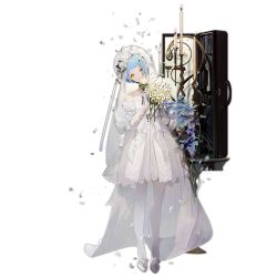 Rule 34 | 1girl, ahoge, arm up, bare shoulders, black choker, blue hair, blunt bangs, bride, candle, choker, closed mouth, dress, elbow gloves, facing viewer, flower, full body, girls&#039; frontline, gloves, hair flower, hair ornament, headwear request, holding, holding flower, looking at viewer, nineo, off-shoulder dress, off shoulder, official alternate costume, official art, petals, shoes, short hair, solo, standing, thighhighs, transparent background, wedding dress, white dress, white flower, white footwear, white gloves, white thighhighs, yellow eyes, zas m21 (affections behind the bouquet) (girls&#039; frontline), zas m21 (girls&#039; frontline)