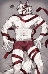 1boy abs animal_ears annoyed bara bulge claws commentary english_commentary furry furry_male highres looking_at_viewer lying male_focus male_underwear mmorroxzks muscular muscular_male nipples on_back on_bed pectorals red_male_underwear red_ribbon ribbon squiggle topless_male twitter_username underwear von_lycaon wolf_boy wolf_ears zenless_zone_zero