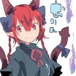 Rule 34 | 1girl, akuma (akuma0907), animal ears, braid, cat ears, cat tail, dress, fang, hitodama, kaenbyou rin, looking at viewer, multiple tails, red eyes, red hair, smile, solo, tail, touhou, twin braids, two tails