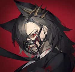 Rule 34 | 1girl, akechi (826988799), ambience synesthesia, animal ears, arknights, black jacket, black necktie, blood, blood on clothes, blood on face, chinese commentary, commentary request, hair ornament, hair over one eye, highres, jacket, looking at viewer, mole above eye, muzzle, necktie, necktie grab, neckwear grab, one eye covered, open mouth, penance (arknights), portrait, red background, red eyes, shirt, solo, white shirt, wolf ears, wolf girl