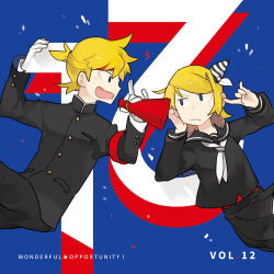Rule 34 | 1boy, 1girl, album cover, alternate costume, black jacket, black sailor collar, black shirt, black skirt, blonde hair, blue eyes, bow, closed mouth, cover, glider (artist), gloves, hair bow, hair ornament, hairclip, hand on own chin, headband, holding, jacket, jitome, kagamine len, kagamine rin, looking at another, neckerchief, open mouth, pleated skirt, red headband, sailor collar, school uniform, serafuku, shirt, skirt, speaker, third-party source, vocaloid, white gloves, white neckerchief