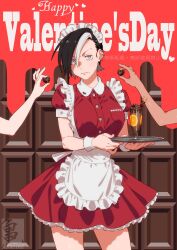 Rule 34 | 1girl, apron, candy, chocolate, chocolate heart, dress, ear piercing, food, happy valentine, heart, highres, holding, holding tray, iwado anna, kamezaemon, looking back, maid, maid apron, maid headdress, multicolored hair, original, piercing, red dress, short hair, solo, tray, wrist cuffs