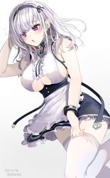 Rule 34 | 1girl, anchor choker, apron, azur lane, blush, breasts, clothing cutout, commentary, dated, dido (azur lane), earrings, hairband, highres, jewelry, large breasts, open mouth, purple eyes, short hair, skindentation, solo, thighhighs, thighhighs pull, twitter username, underboob cutout, waist apron, white hair, white thighhighs, xretakex, zettai ryouiki