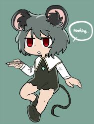 Rule 34 | 1girl, aaaa (aaaa480), animal ear fluff, animal ears, capelet, cookie (touhou), crystal, dress, empty eyes, english text, expressionless, flat chest, full body, green background, grey dress, grey footwear, grey hair, holding, holding pencil, jewelry, kofji (cookie), long sleeves, looking at viewer, medium bangs, mouse ears, mouse girl, mouse tail, nazrin, open mouth, pencil, pendant, red eyes, shirt, shoes, short hair, simple background, solo, standing, standing on one leg, tail, touhou, white capelet, white shirt